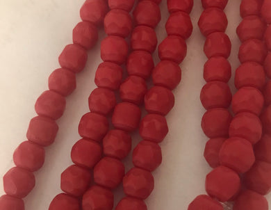 FP254, Fire Polish, 6mm, Frosted Opaque Med Red, 25 beads (1 strand)